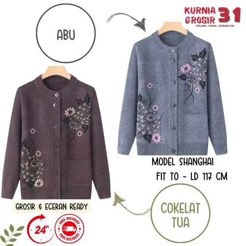 Sweater Ibu Krah Shanghai Krah Daun Motif Bunga / Baju Hangat Wanita / Pakaian Casual Rajut Halus Kancing Kerah Berkualitas 5