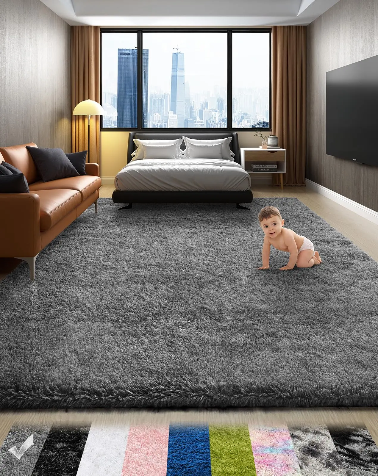 Bedroom living room carpet, grey fluffy plush plush soft plush carpet, indoor floor grey carpet, suitable for children's family dormitory decoration