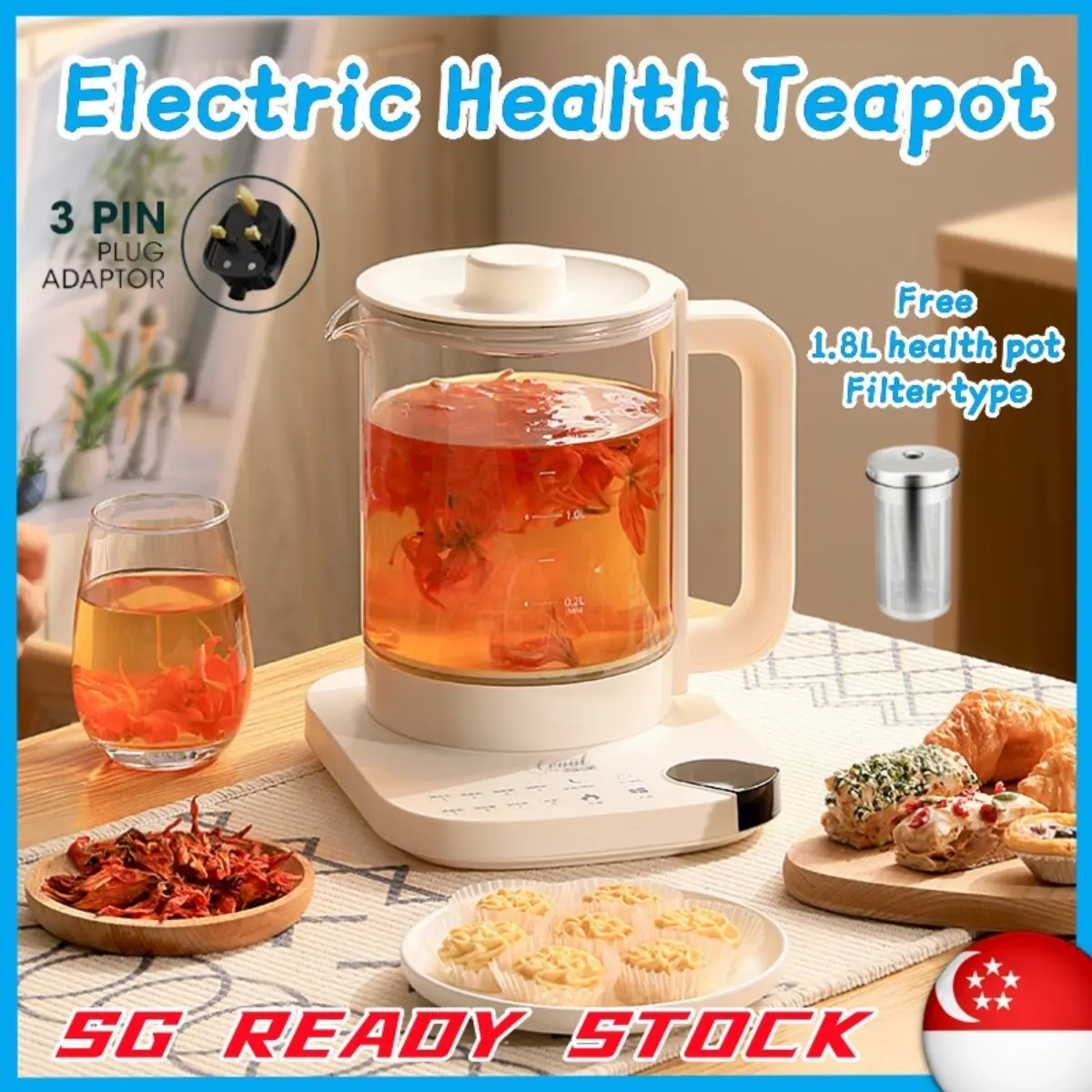 [SG Ready Stock]Electric Health Teapot/Thick Glass/Multi-Function Electric Kettle/11 Menus/1.8L Capacity/SG Warranty
