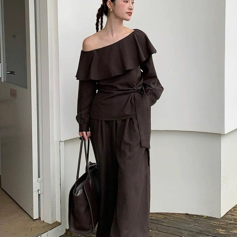 Set Bộ Áo Cổ Bèo Trễ Vai Thắt Eo Mix Quần Dài Dáng Xuông - Hân Linh shop