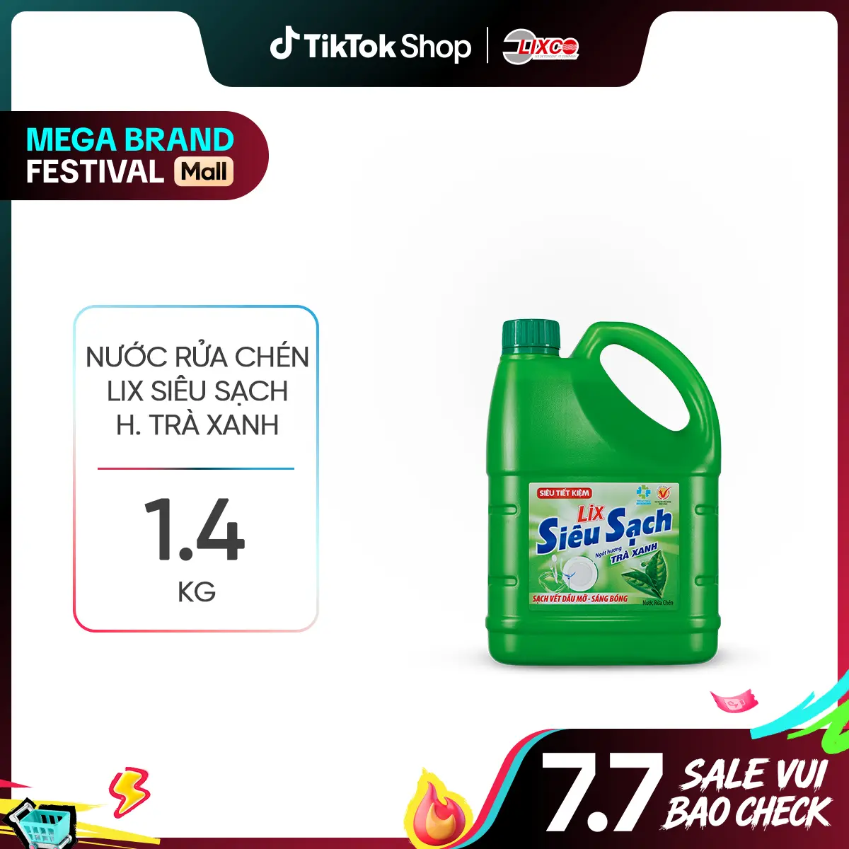Nước Rửa Chén Lix 1.4kg Hương Trà Xanh làm sạch chén đĩa N8120