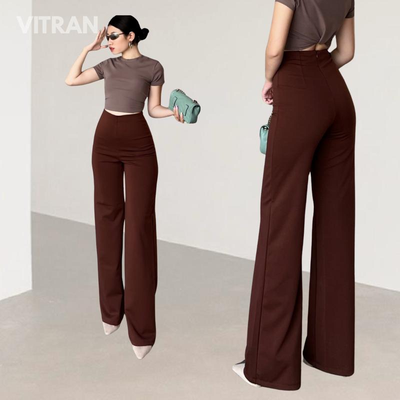 VITRAN BOUTIQUE Quần Ống Suông Lưng Cao Nữ Thun Umi Dày Co Giãn Nhẹ Dây Kéo Sau Dài 108cm Phong Cách Trẻ Trung Thời Trang Chất Liệu Mềm Mại Basic Minimal OS