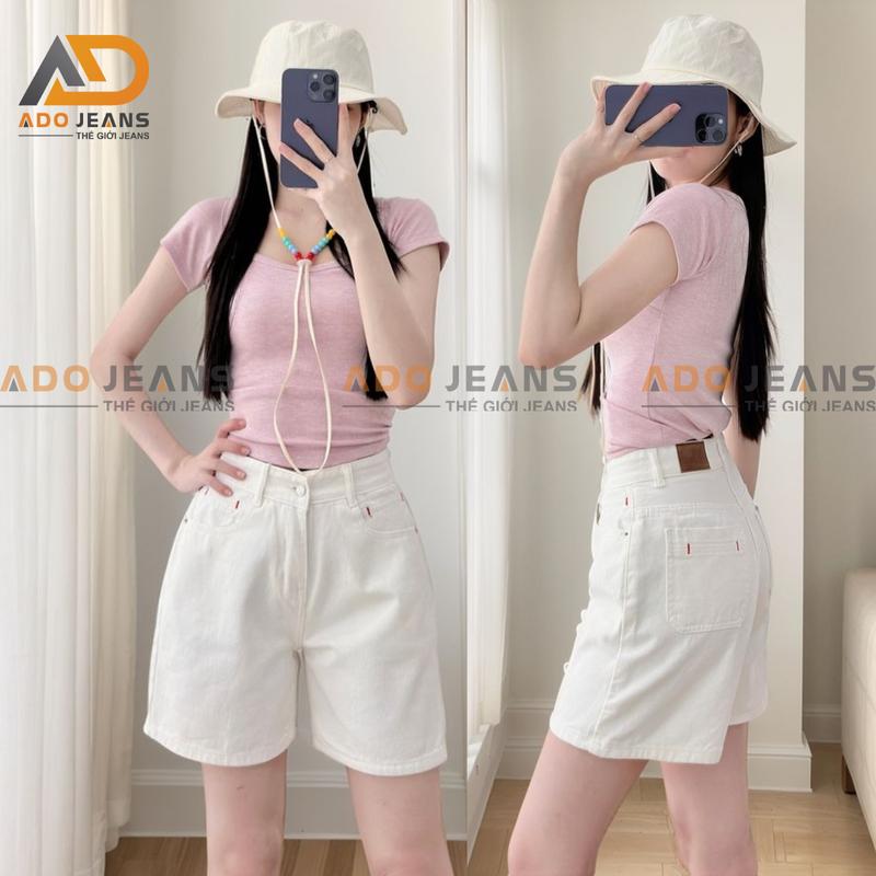 Quần short jean nữ lưng cao ống rộng màu Trắng basic dễ phối đồ ADO JEANS (S27-Túi kiểu)