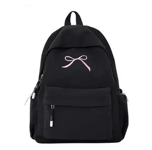 NGETOP - Tas Ransel Korean Motif Pita Lucu Simpel / Backpack Sekolah Wanita Warna Hitam Bahan Kanvas