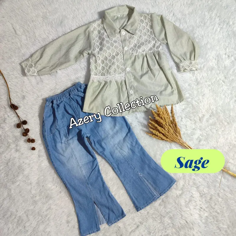 Setelan Anak Perempuan 4-12 Tahun, Baju Kemeja Salur dan Celana Jeans Cutbray - Fashion 1