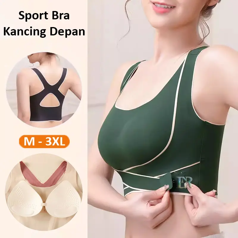 LNR Shop Lokal Premium Sport Bra Seamless Model Kancing Depan Bisa Disesuaikan Size M-3XL dengan Cup Busa Tanpa Kawat Ukuran Jumbo Sport Push Up Lari Yoga Olahraga Nyaman Lembut Rompi Big Size BH Kutang Melar untuk Wanita Dalaman berlari xl