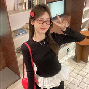 Women's Long Sleeve Mock Two-Piece Top, Korean Style Ruffle Hem Design, Fall & Winter Warm Fleece Lined Shirt, Casual Fashion 5424# Womenswear Vibe Crewneck Fitted