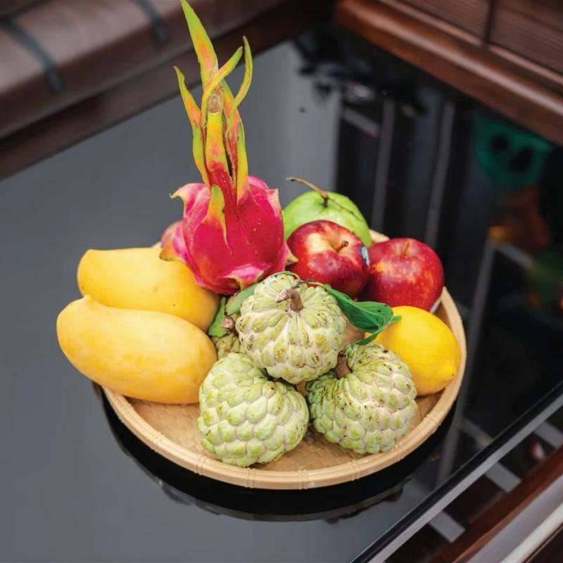 Combo 2 Khay nhựa tròn giả mây tre đựng đồ ăn bún đậu trái cây decor mẹt giả mây nhựa 2