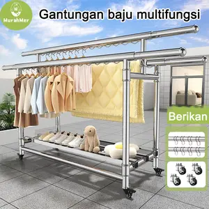 Rak Jemuran Baju Lipat Stainless 304 Tebal 2 Meter / Rak Gantungan Baju Roda 360° Hemat Ruang Anti Karat