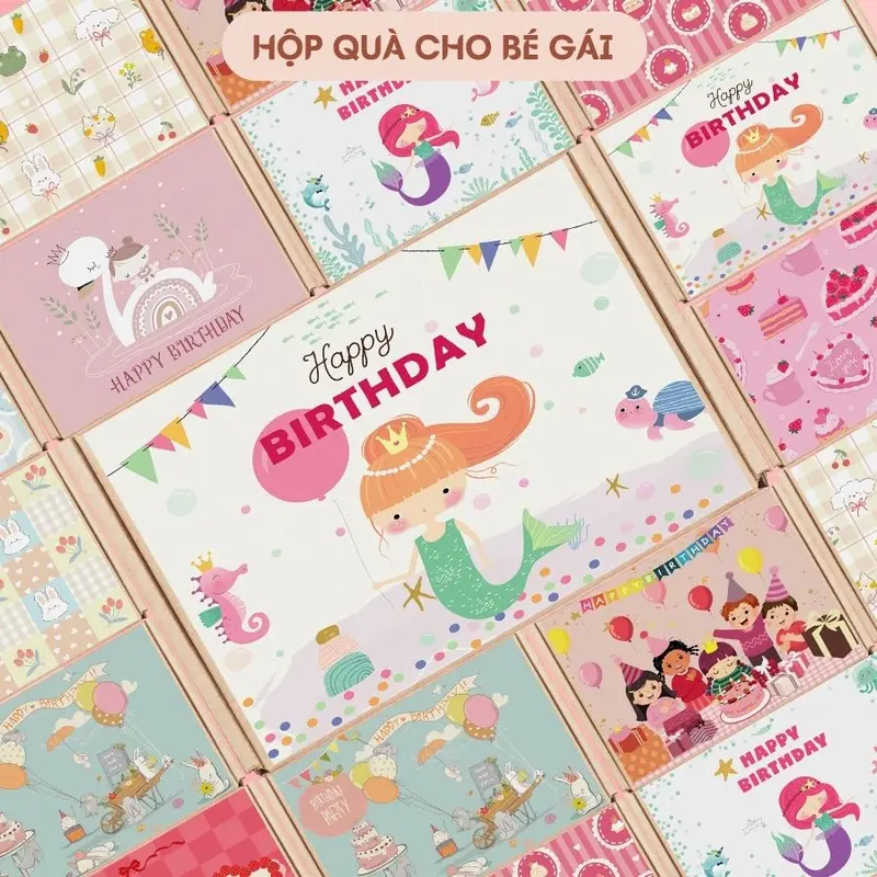 [HCM] Hộp đựng quà vintage kraft nắp gài trang trí sinh nhật, chúc mừng họa tiết cho bé gái | Nắng Decor 0