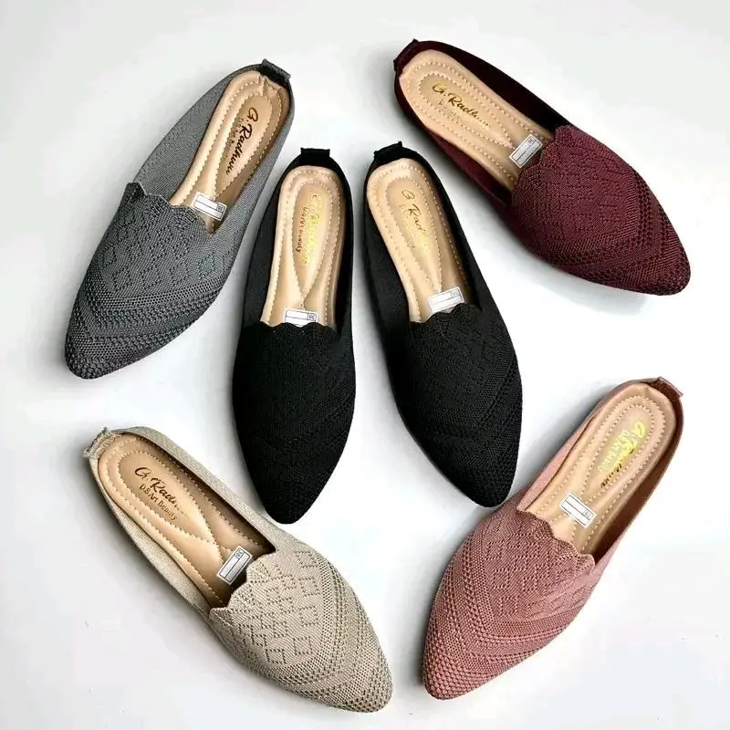 Wanita Flat Shoes Rajut Import RVL - Tersedia dalam Warna Abu, Hitam, Maron, dan Salem belakang sepatu terbuka sepatusandalbuatjalanjalan flat  shoeswanita berry  benka vivaia