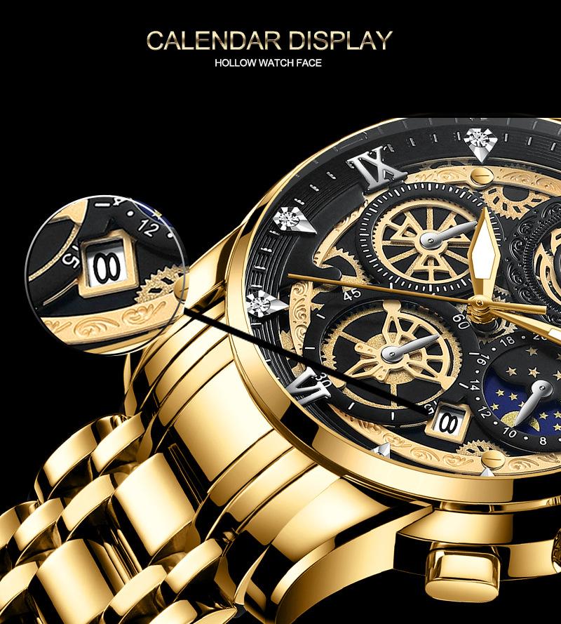 Product Introduction of VA VA VOOM Sun Moon Star Hollow Men's Watch Calendar Luminous Quartz Waterproof Watch 2452 34