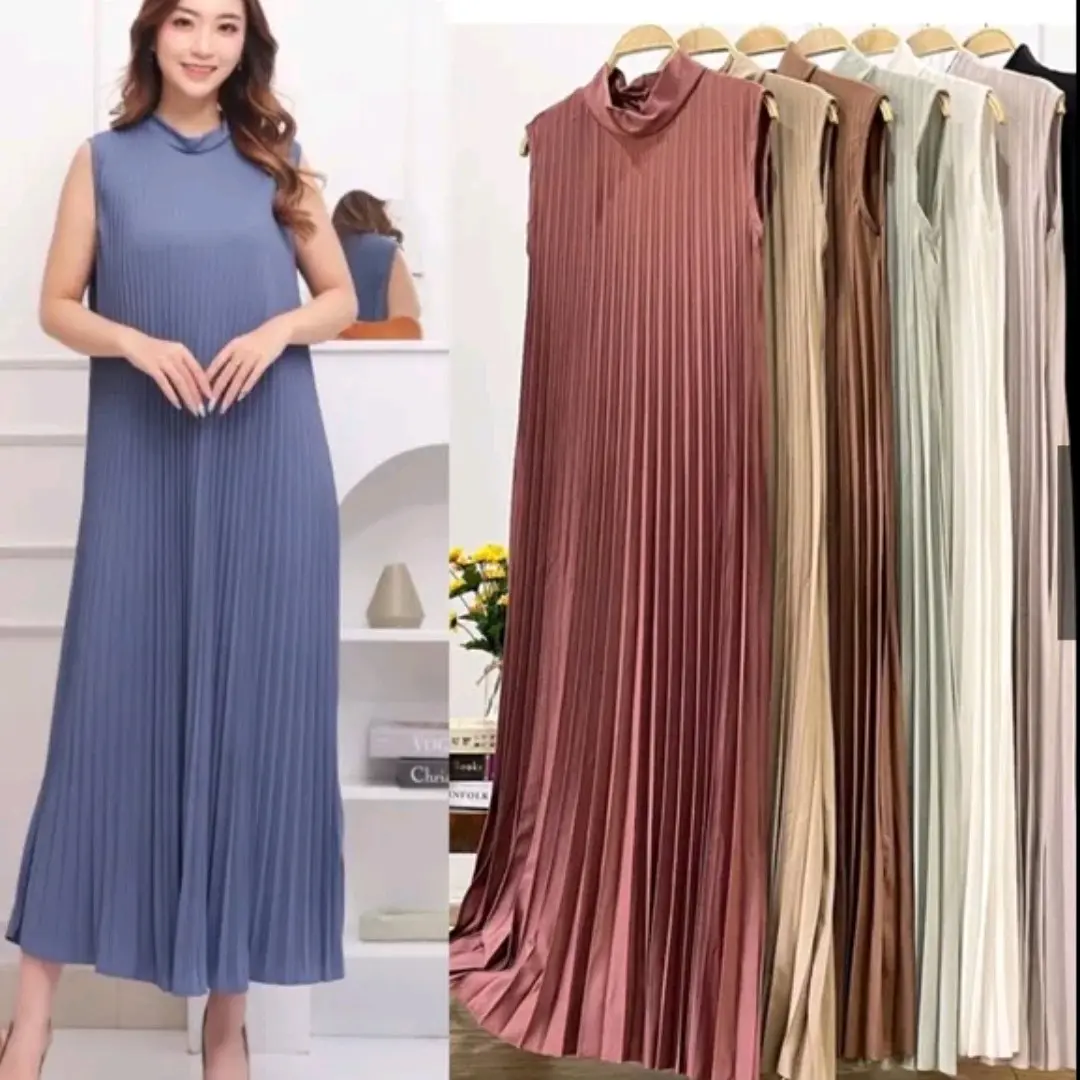 Gaun Inner Plisket Lengan Buntung Polos Premium Mayung Alexa Slevelees Wanita - Deress Panjang Mewah Kondangan lebaran Gamis dress muslim birthday