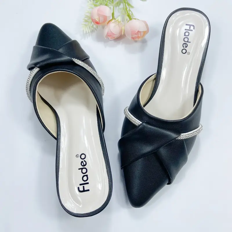 FLADEO Selop Sandal Wanita Variasi Tali Silang Gliter Hak Tahu 3CM Trendy Dan Simple Sendal Shoes 1
