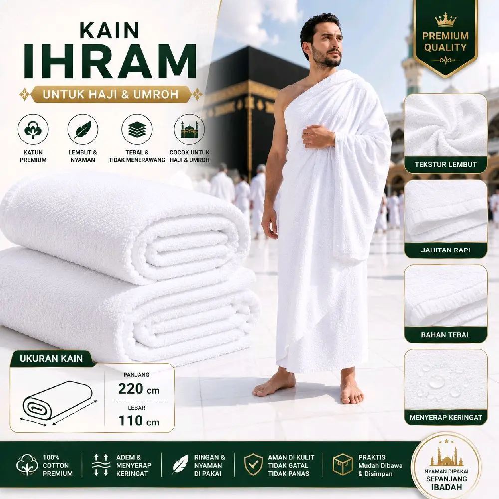 Kain Ihram Premium untuk Haji & Umroh  Polyester Lembut Nyaman Tebal Tidak Menyengat Ukuran 220 cm x 110 cm Menyerap Keringat