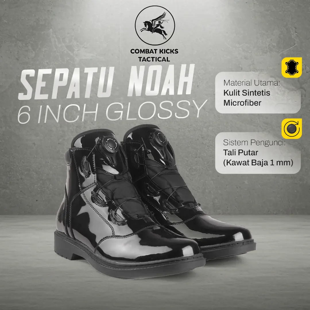 Sepatu Tactical Pria Noah 6 Inch Glossy Dinas Formal Kerja High Cut Tali Putar Nyaman Combat Kicks