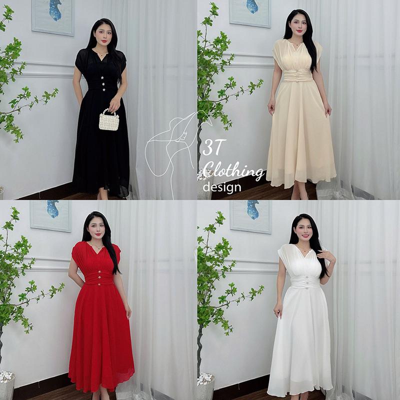  Đầm váy nữ thời trang đi tiệc đi chơi vải voan tơ 2 lớp cao cấp phối eo chun co giãn tặng kèm ghim cài đá sang trọng form bigsize mã B35 