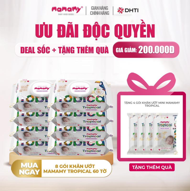 [KOC][DEAL SỐC + TẶNG THÊM 4 QUÀ] MUA 8 gói khăn ướt Mamamy Tropical 60 tờ không hương thơm TẶNG 4 gói khăn ướt mini 10 tờ