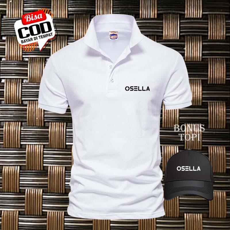 POLO SHIRT PRIA baju kaos kerah / kaos berkerah Osella Text Kiri Hitam Bonus Topi / Kaos Polo Atasan Tshirt Pria Kerah Wangki 0