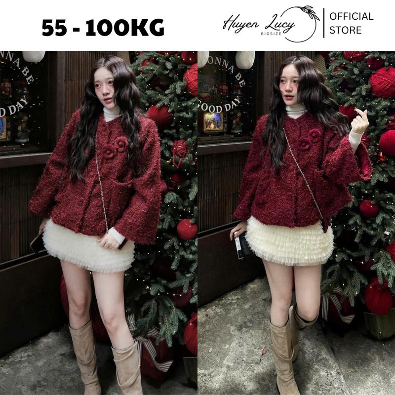 ÁO DẠ ĐỎ KIM TUYẾN ĐÍNH HOA áo khoác nữ bigsize dạ cao cấp ép mùng đứng form có đệm vai có size tới 100kg HUYỀN LUCY BIGSIZE