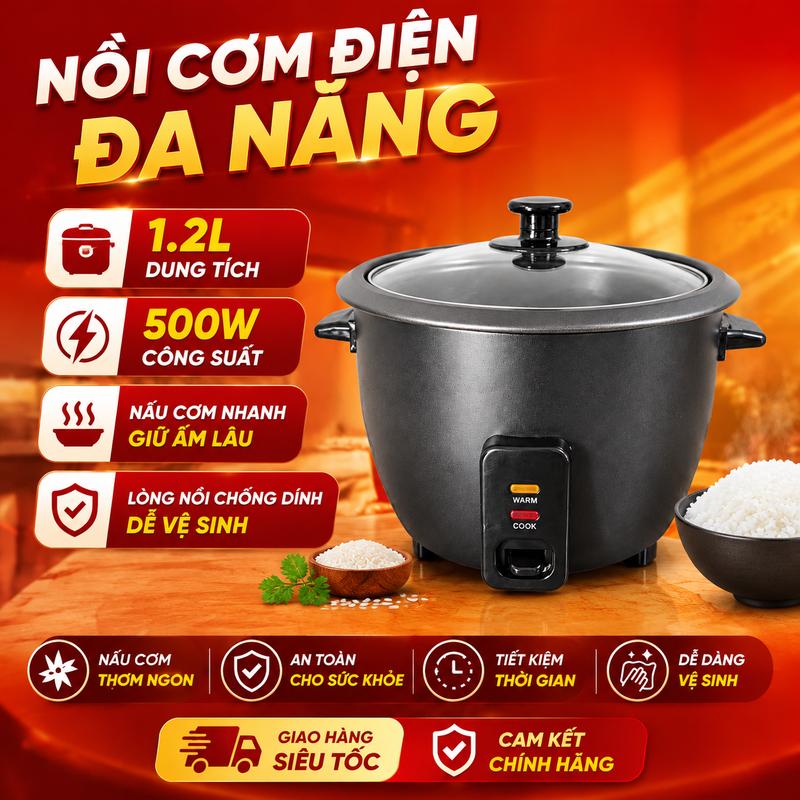 Nồi cơm điện gia đình 1.5L 500W màu đen công tắc cơ khí nắp kính nấu cơm giữ ấm tiết kiệm điện sử dụng hàng ngày dung tích 1.5L công suất 500W thiết kế hiện đại