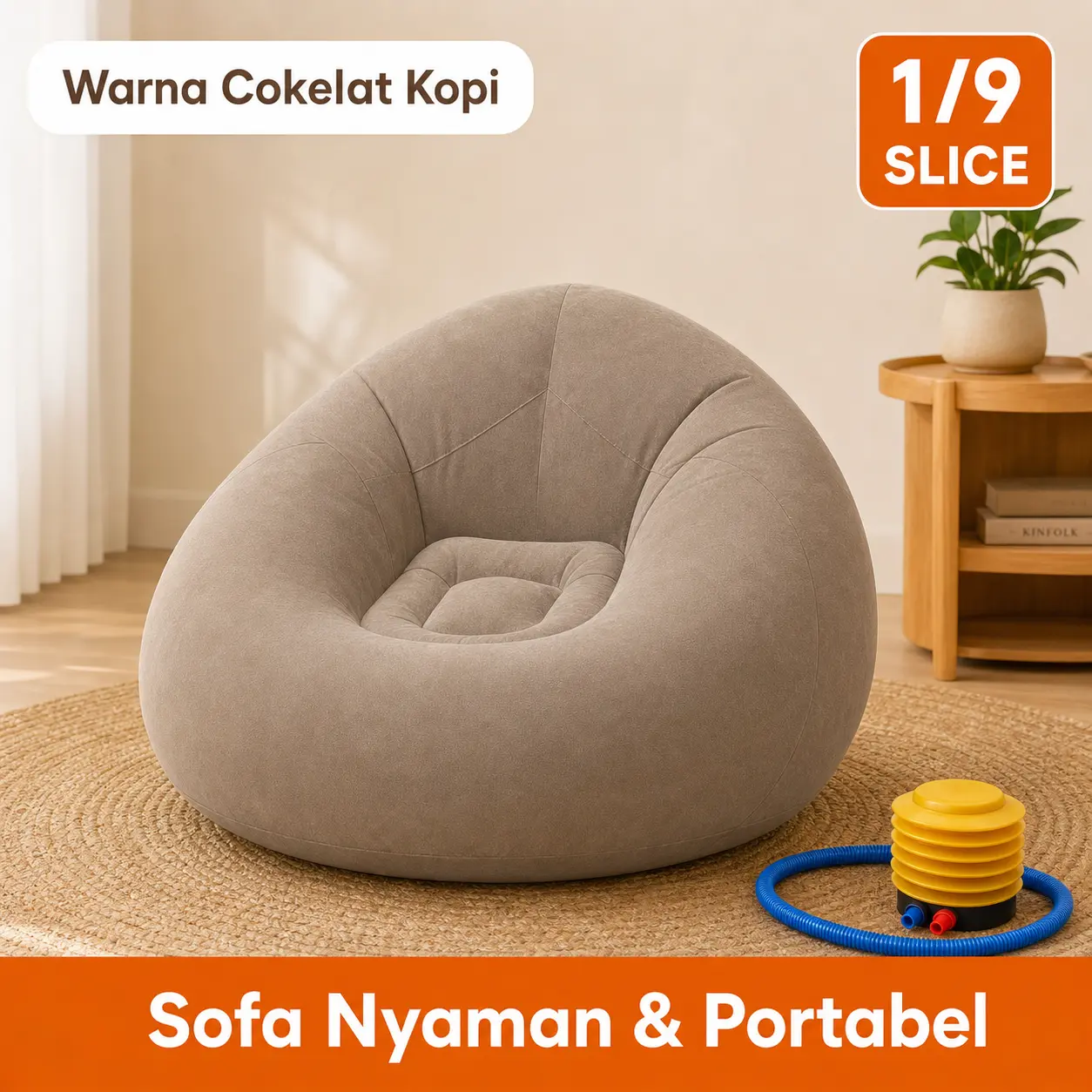 Sofa Angin Bean Bag Inflatable Besar Empuk 110x85cm Warna Cokelat Kopi Free Pompa Kaki Portable Minimalis Sofa Santai Ruang Tamu Kamar Kos Apartemen Anti Tahan Percikan Air Mudah Dicuci Ringkas Bisa Dilipat Simpan Tempat Duduk Malas Baca Buku Nonton