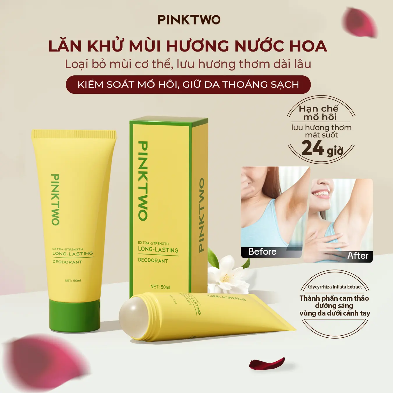 Lăn Khử Mùi Hương Nước Hoa Cao Cấp PINKTWO –  Khử Mùi Suốt 24h, Khô Thoáng, Thơm Sang Không Lem Áo [50ml]