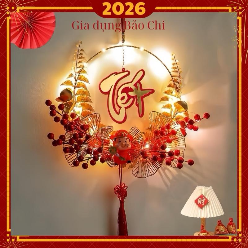 Vòng treo thần tài hình tròn có hoa có đèn led trang trí tết tặng móc treo dây đèn led decor phòng Tranh