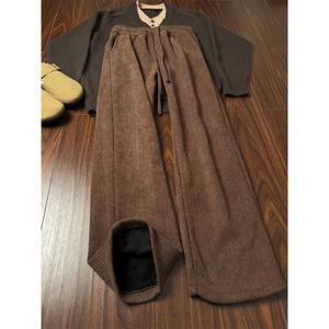 【高見え】ヘリンボーン ニットパンツ 裏起毛 ワイド ストレート メンズ ブラウン レトロ 暖かい 冬 落ち感