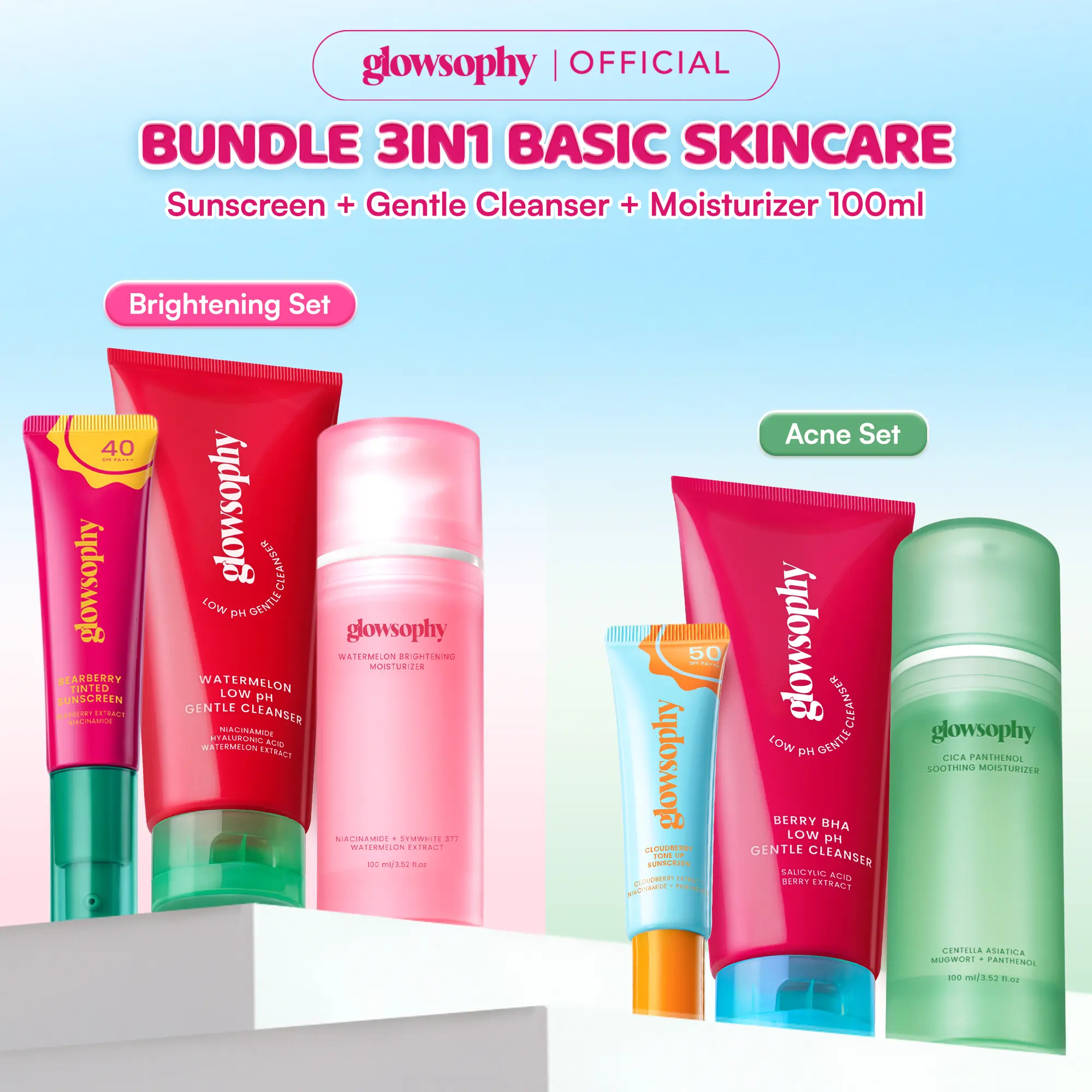Glowsophy Bundle 3in1 Basic Skincare Gentle Cleanser + Moisturizer 100ml + Sunscreen - kebutuhan harian skincare, untuk wajah cerah dan perlindungan dari sinar matahari