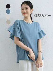 レディース コットンリネン 半袖Tシャツ、パッチワークの袖、無地、フリルヘム、ルーズ、ラウンドネック、新作、着回しやすい