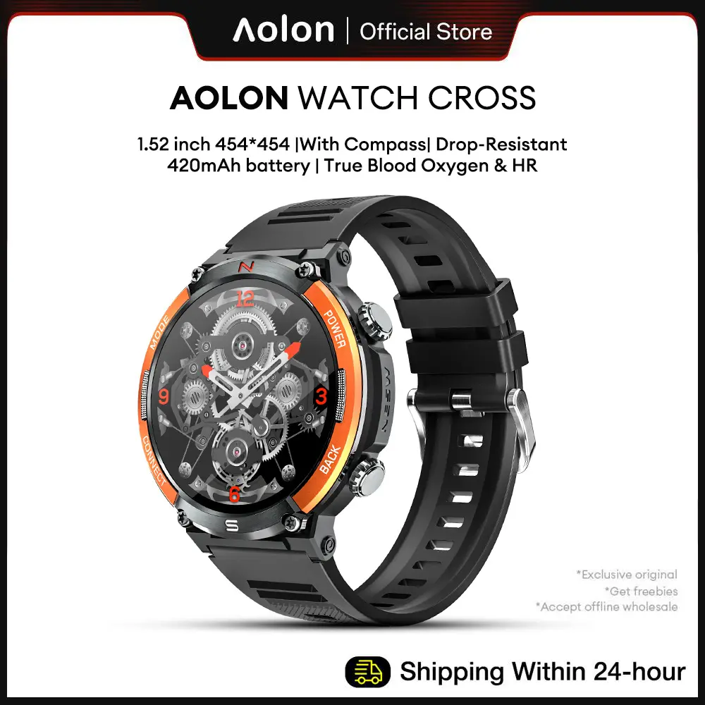【COD/ 24H Ship】Aolon Cross Jam Tangan Pintar Gaya Sport 1.52 Inci Layar Besar Refresh Rate Tinggi Bluetooth 5.0 Untuk Aktivitas Outdoor Tahan Benturan IP68 Tahan Air Baterai Tahan Lama Monitor Kesehatan & Panggilan Bluetooth Compass Sport Watch