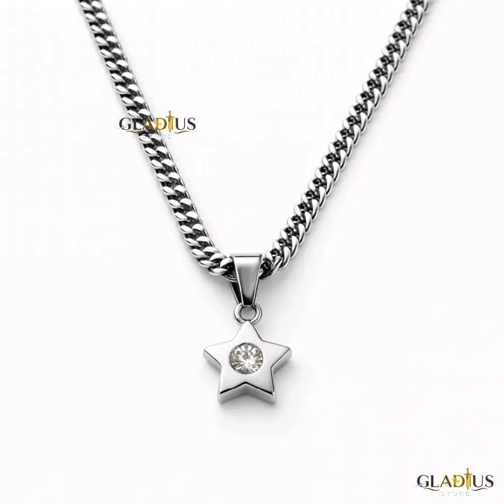 Kalung Rantai Titanium Silver Liontin Bintang Permata Anti Karat Pria Wanita