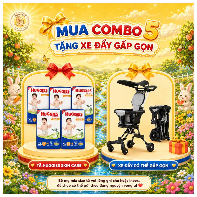 COMBO 5 GÓI HUGGIES SKIN CARE (M102+4/L100+4/XL84+4) - TẶNG NGAY XE ĐẨY GẤP GỌN (Mix size ghi chú)
