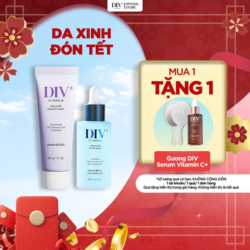 Bộ Đôi Serum Vitamin B5 50ml & Kem Dưỡng Vitamin B3 50g DIV Hỗ Trợ Dưỡng Trắng Sáng Cấp Ẩm Cho Da Với 10% Niacinamide và 5% Panthenol m