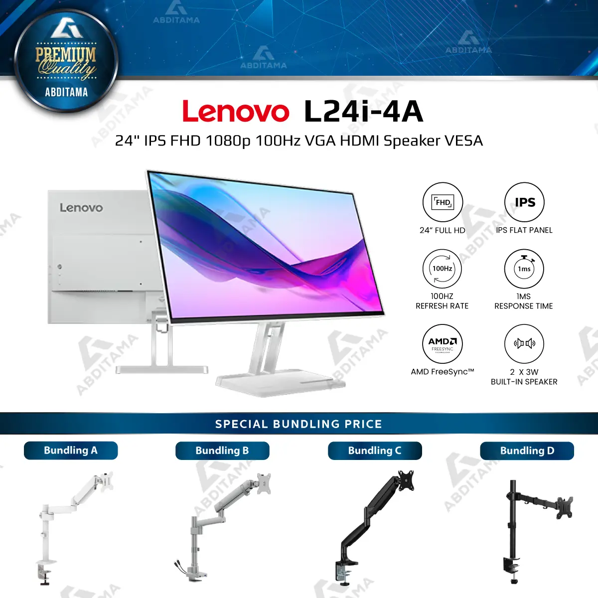 Monitor LED Lenovo L24i-4A 24" IPS FHD 1080p 100Hz VGA HDMI Speaker VESA Silver Coud Grey
