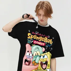Kaos katun berkualitas tinggi untuk pria dan wanita 200g logo SpongeBob SquarePants kartun lucu