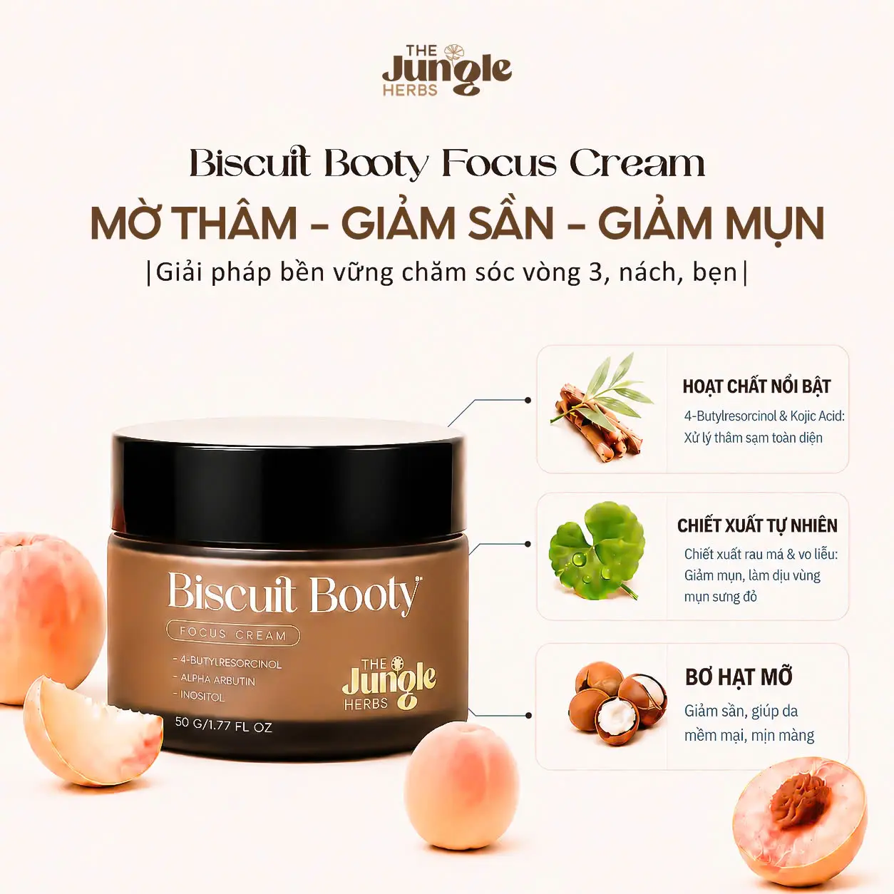 Kem hỗ trợ mờ THÂM, giảm MỤN vòng 3, nách, bẹn, giảm CHAI SẦN, giúp da MỀM MỊN Biscuit Booty - THE JUNGLE HERBS [CÓ CHE TÊN]