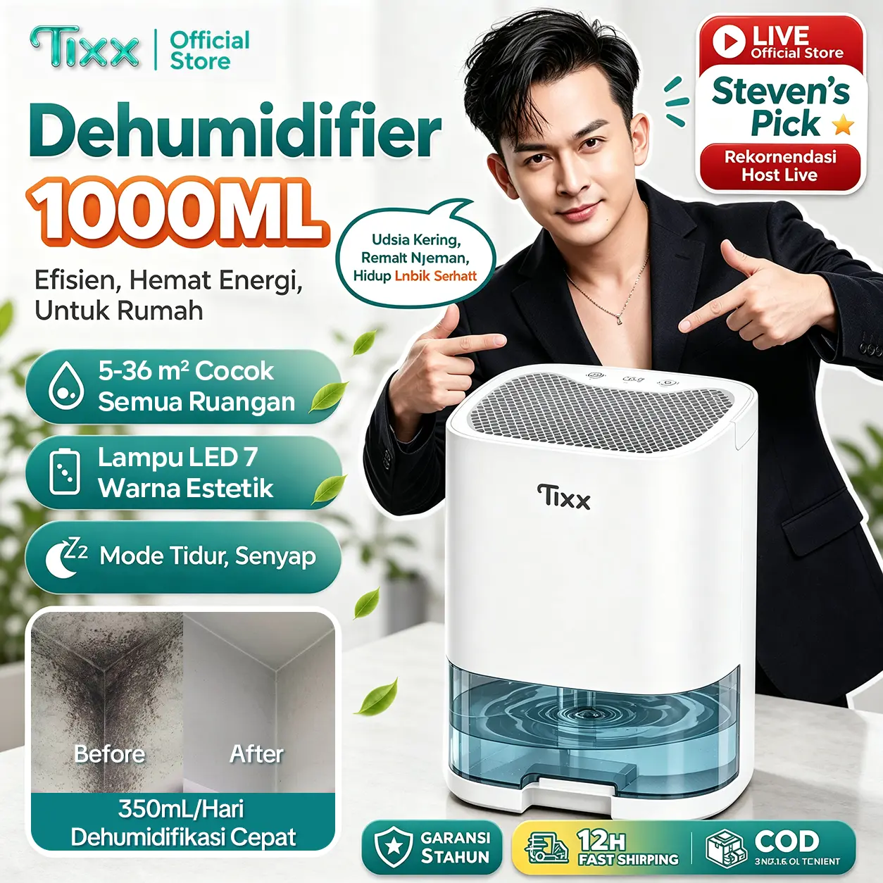 【Official】TIXX Mini Dehumidifier 1L Kapasitas Besar Menjangkau 5-36m² Anti Bising Mode Tidur Lampu LED 7 Warna Hemat Energi Pengering Pakaian Cocok Untuk Rumah Kamar Tidur Kamar Mandi Dapur Ruang Ganti Aman Untuk Keluarga