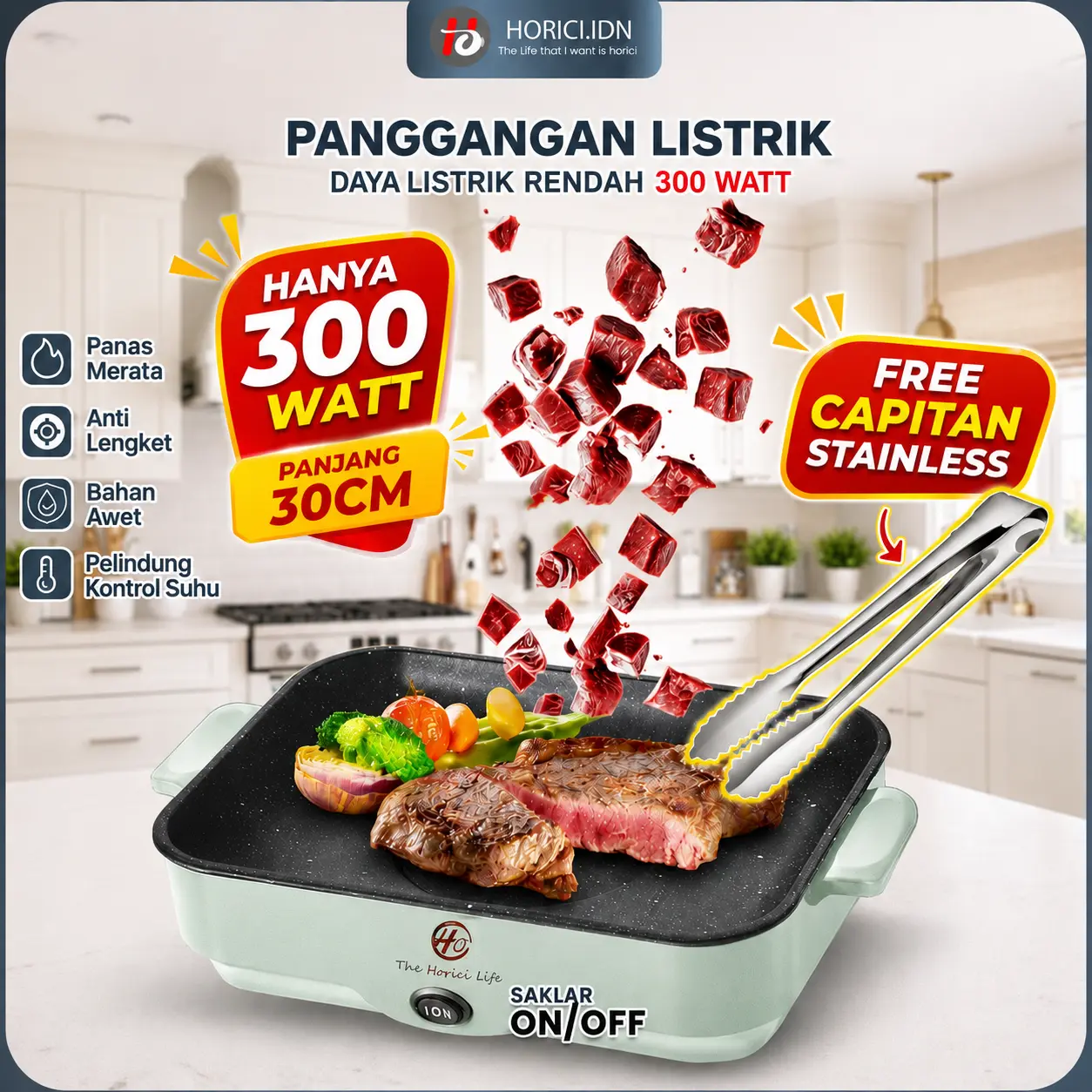 Horici Panggangan Multifungsi BBQ Elektrik Panci Pemanggang Anti lengket Persegi Panjang Panci Panggang Listrik Grill Electric