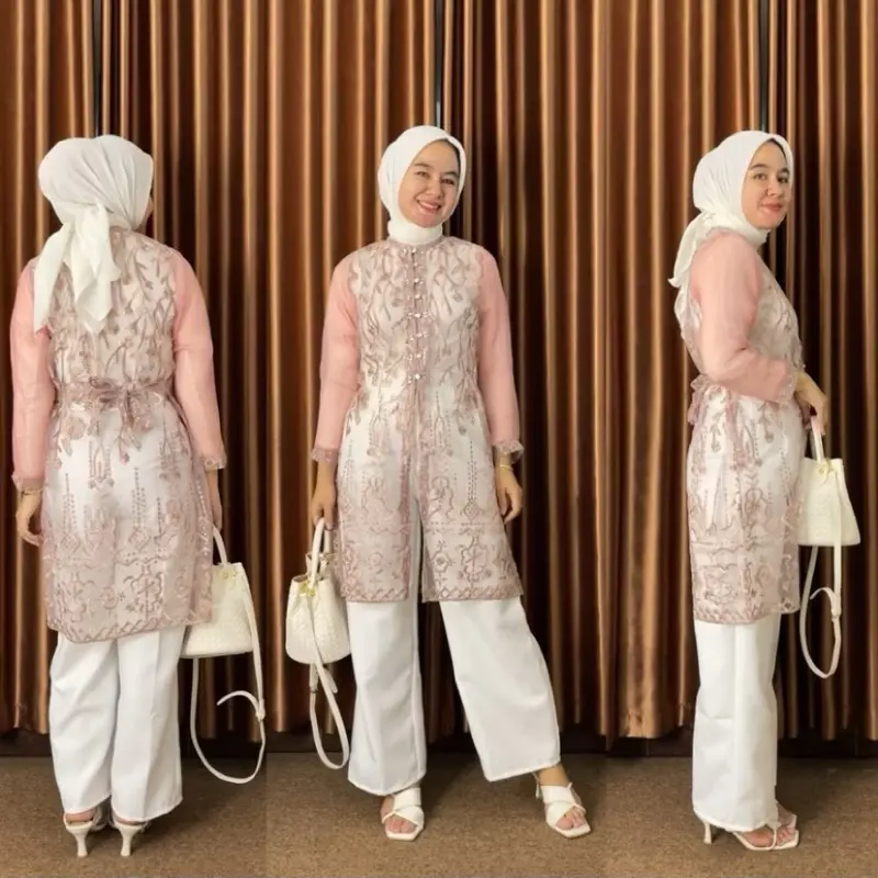 ￼Hadju Tunik Brukat Bordir Sapto / Tunik Brokat Tali Kancing Mutiara Payet Diamond / Baju Kondangan, Wisuda, Seragaman, Bridesmaids, Pesta, Acara Formal Brokat Panjang Atasan Muslim 2