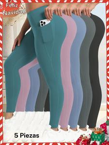 Leggings deportivos de cintura alta de color sólido para mujer, de alta elasticidad y ajustados, cómodos y transpirables con bolsillos, ropa deportiva para uso interior y exterior