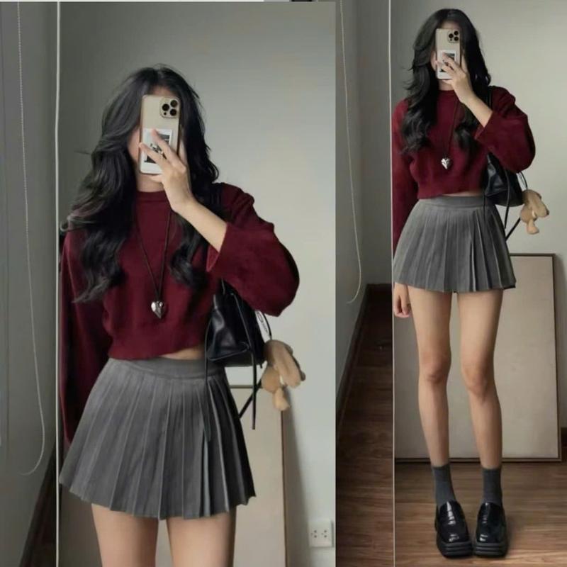 nhatran - Áo len nữ tay dài rộng cổ tròn trơn tay dài phom top croptop rộng vừa chất len dầy dặn Women Voi TRƠN