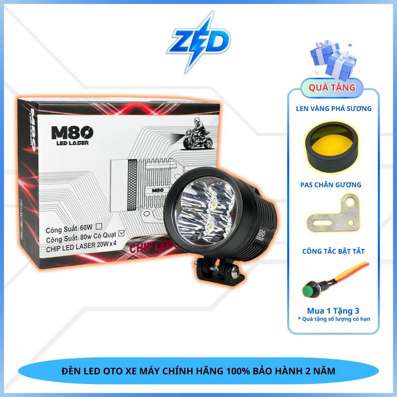 Đèn LED Trợ Sáng M80 Laser - 80W 12,24V 6000K Sáng Trắng Gom Chiếu Xa Trên 300m Lắp Oto Xe Máy Có Quạt Tản Nhiệt- Bảo Hành 12 Tháng