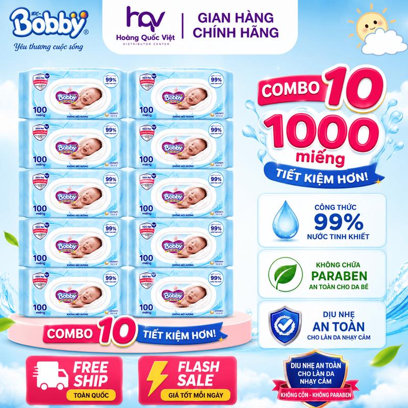 10 Gói Khăn Ướt Bobby Xanh Nano Bạc 99% Nước Tinh Khiết Kháng Khuẩn 100 Miếng…