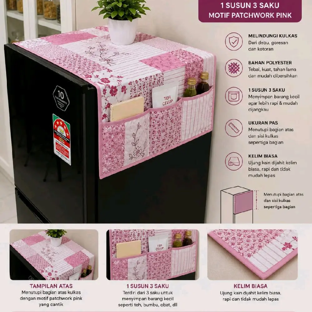 Taplak Kulkas Motif Bunga Bahan Polymicro Bernuansa Praktis Mudah Dicuci Lindungi dari Debu Kotoran & Goresan untuk Alat Dapur