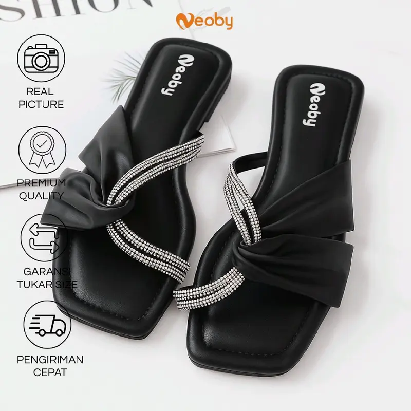Neoby KARIN sandal Wanita flat glitter bling bling sendal cewek selop tali Karet 3