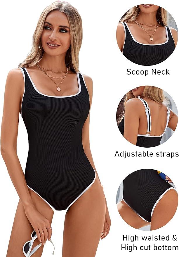 Product Introduction of Women's One Piece Swimsuit Sports Adjustable Strap Bathing Suit Color Block Ribbed High Cut Swimsuits 9