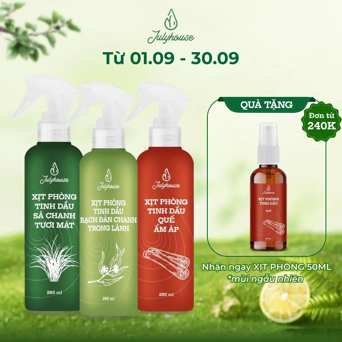 BÌNH XỊT PHÒNG TINH DẦU SẢ CHANH, BẠC HÀ, QUẾ, BẠCH ĐÀN CHANH JULYHOUSE 280ML KHỬ MÙI HIỆU QUẢ (MÙI TỰ CHỌN)
