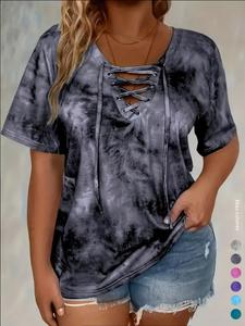 Camiseta de mujer talla grande con estampado tie-dye y lazo frontal, top casual con estampado, tejido elástico cómodo, perfecta para uso diario y regalos
